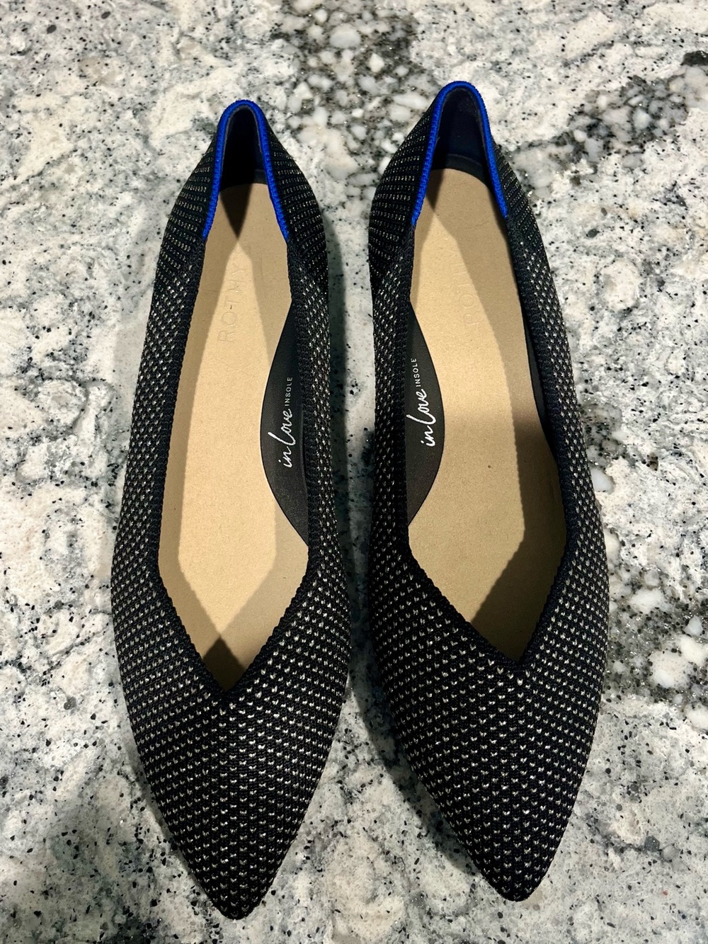 Rothy's Black Pointed-Toe Knit Flats with Blue Trim